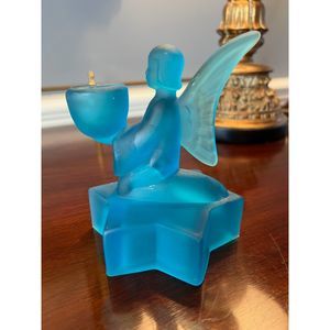 LE Smith Glass Angel Candle‎ Holder Blue Satin Frosted Glass Vintage